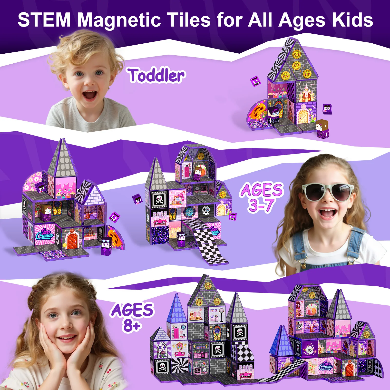 Klocki magnetyczne, kolorowe płytki magnetyczne, budowanie zamków z zabawek, ręcznie robione puzzle DIY, zabawki STEM, prezenty na Halloween i Boże Narodzenie