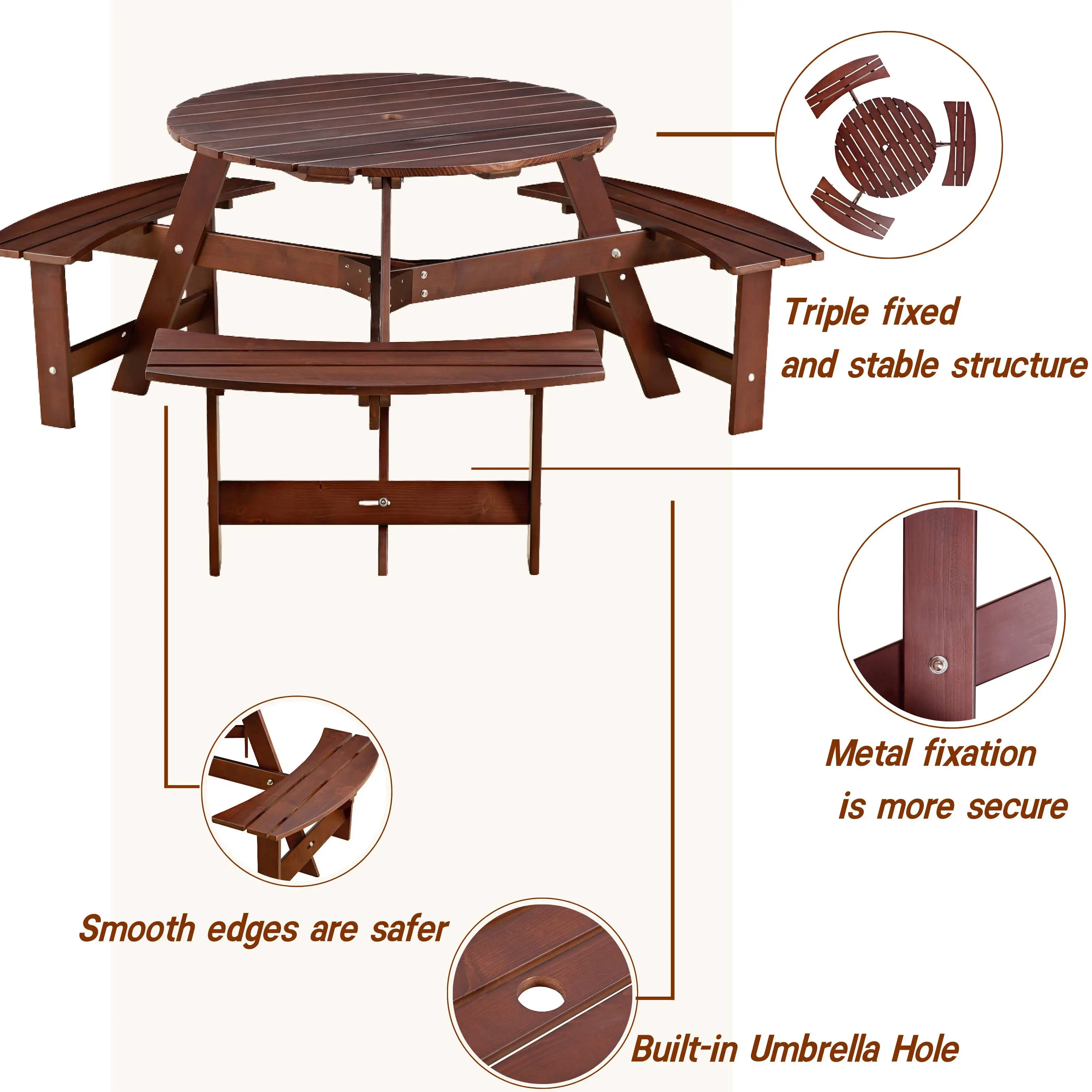 Outdoor 6 Person Picnic Table, 6 person Round Picnic Table with 3 Built-in Benches, Umbrella Hole, Outside Table and Bench Set f