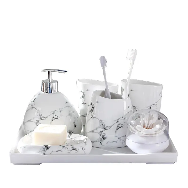 6pcs/set Imitation marble ceramics Bathroom Accessories Set Soap Dispenser/Toothbrush Holder/Tumbler/Soap Dish Products