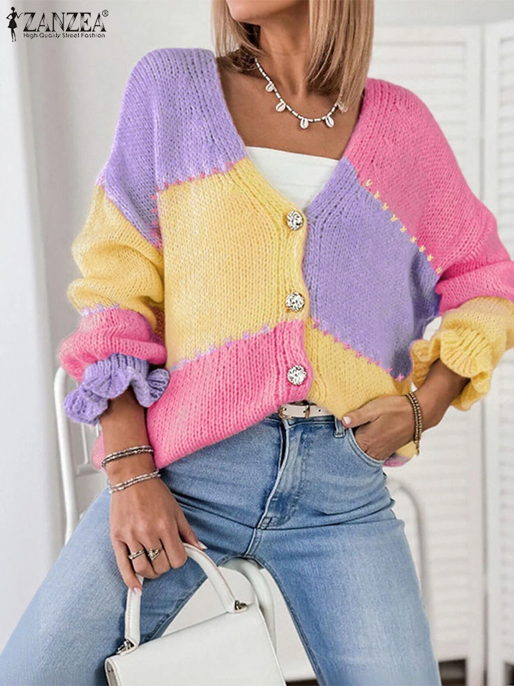 ZANZEA سترات نسائية محبوكة مرقعة ملونة موضة 2025 سترات تريكو بأكمام طويلة للخريف ورقبة على شكل حرف v سترات فضفاضة غير رسمية #1