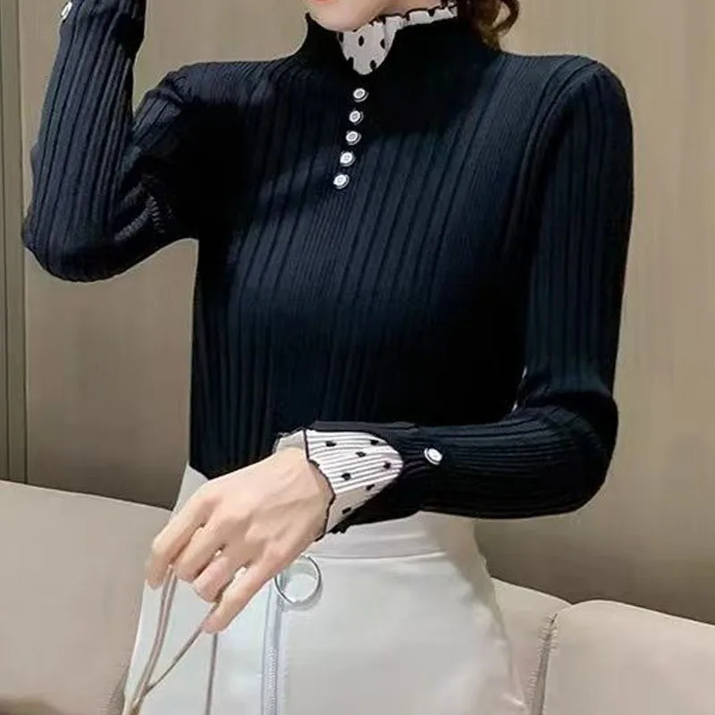 Fashion Elegant Polka Dot Spliced Solid Sweaters Autumn Winter Women\'s Clothing Slim All-match Half High Collar Knitted Tops