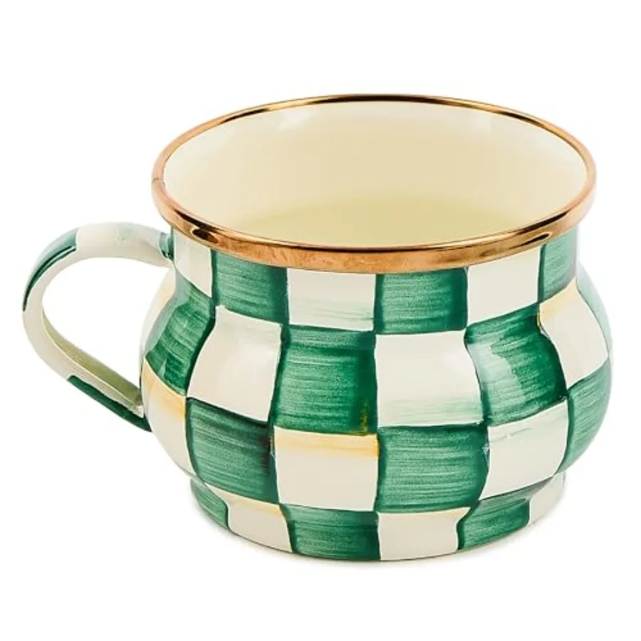 

Enamel Teacup Unique Coffee and Tea Mug Enamel Cup for Hot Tea Green-and-White Emerald Check