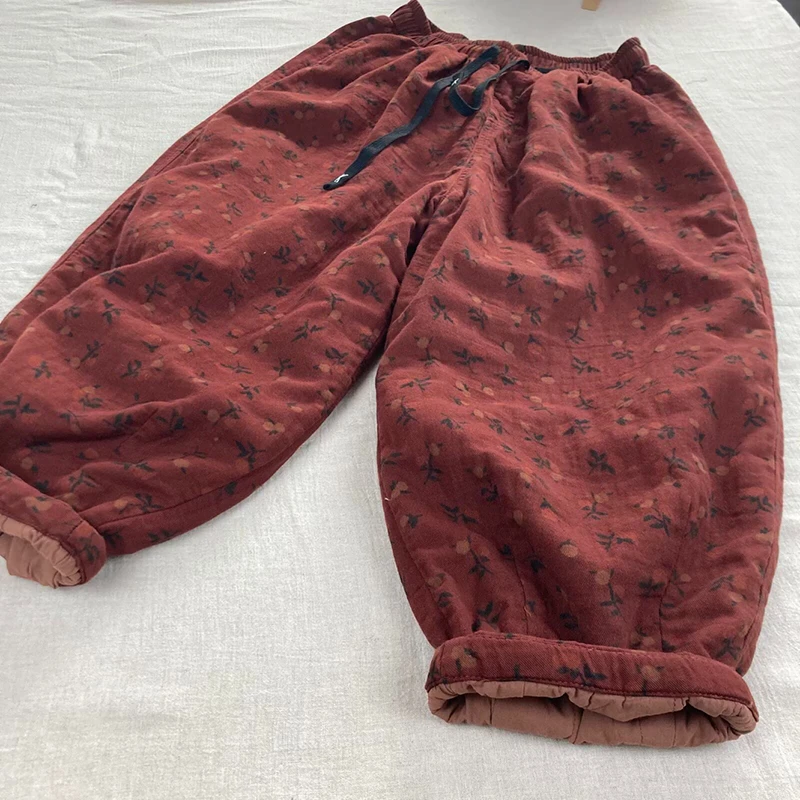 2025 New Winter Women Warm Thickened Ankle-length Pants Casual Loose Cotton Linen Elastic Waist Vintage Floral Harem Pants M137
