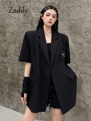 2024 Summer Office Lady Short Sleeve Women Black Blazer Single Button Oversize Work Suit Appliques Ladies Suit Female Coat