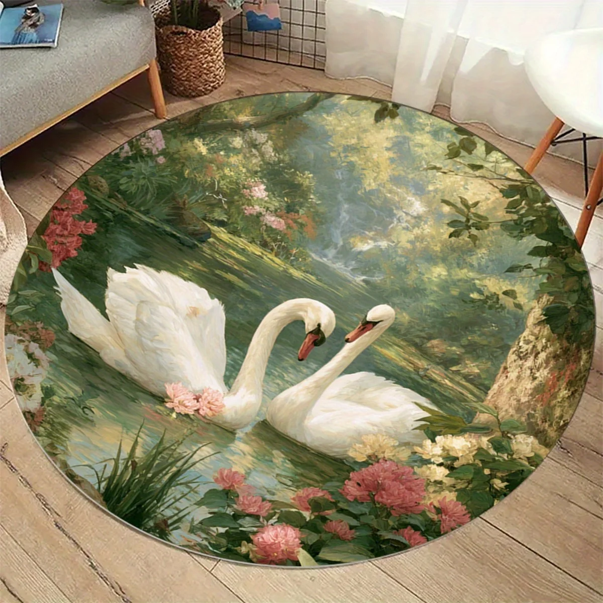 Elegant Round Swan Garden Area Rug Polyester Plush Mat for Nature Home Decor Living Room Spring Floral Flooring Carpet