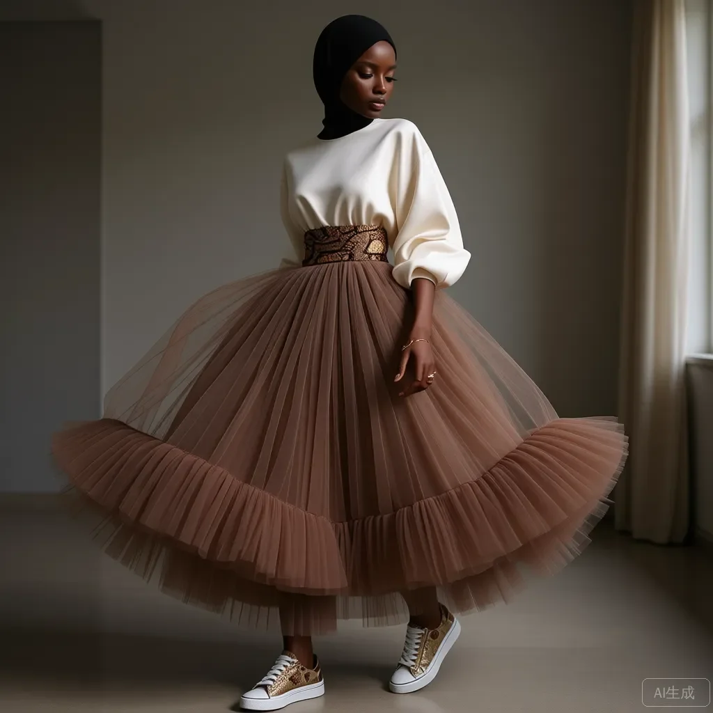 

Women's High Waist Layered Tulle Skirt Brown Long Maxi Skirt Ruffled A-Line Skirt Fashion Casual Skirt Elastic Waist Band Skirts