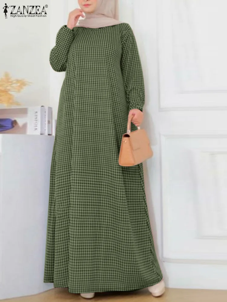 

ZANZEA Elegant Muslim Long Dress Abaya Eid Mubarek Robe Femme Casual Loose Vestidos Women Vintage Long Sleeve Checked Sundress