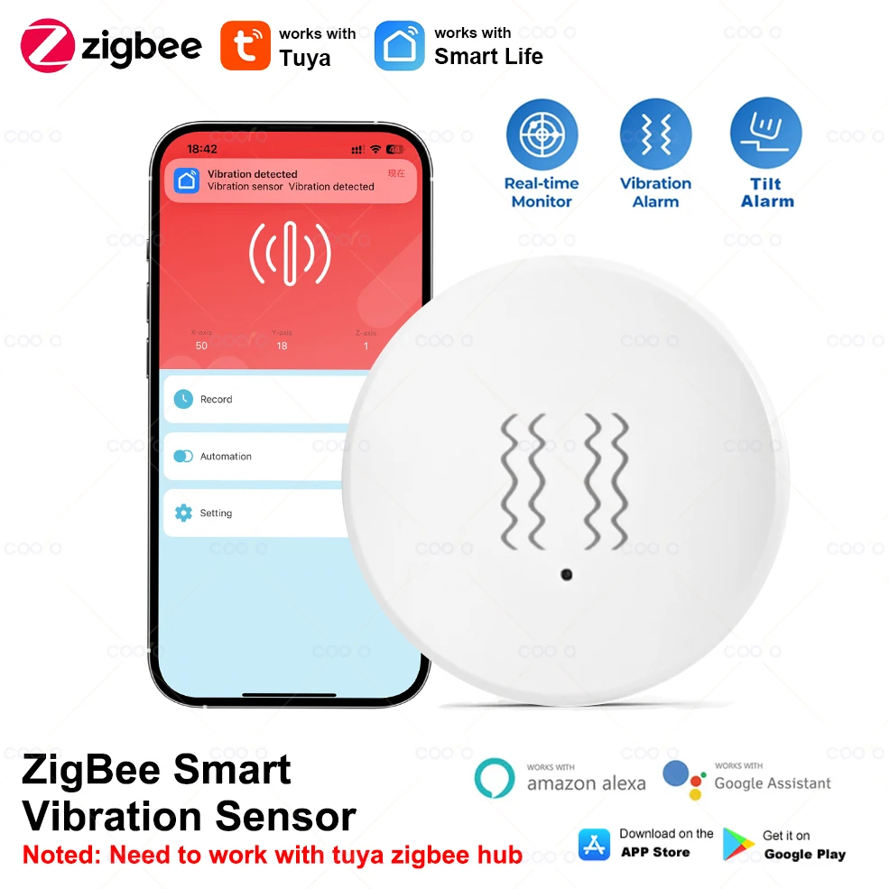 Tuya Zigbee Smart Trillingssensor Detectie Tilt XYZ-assensor SmartLife App-melding Real-Time Motion Shock Alarm Record