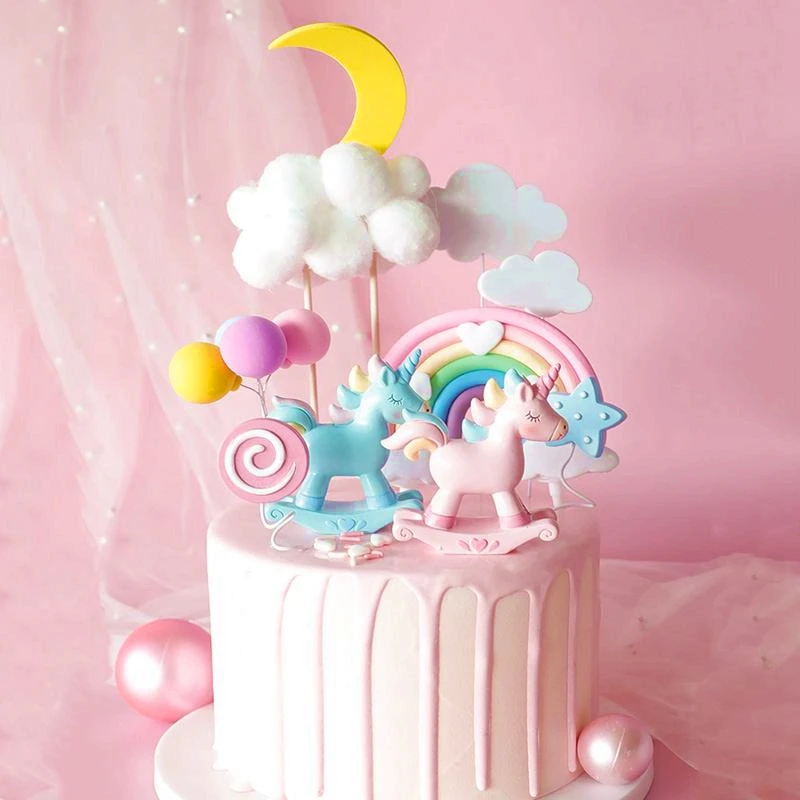 Cartoon Pink Blue Unicorn Cake Topper Rainbow Birthday Party Decor Kids Girl Boy Baby Shower Cake Gifts Wedding Cake Decoratings