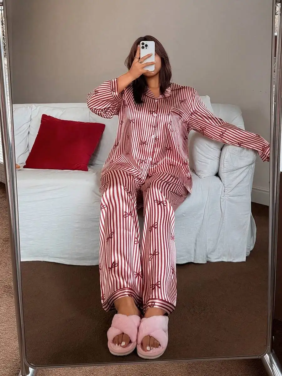 

Womens Burgundy Striped Satin Pajama Set With Bow Print Lapel Neckline Long Sleeve