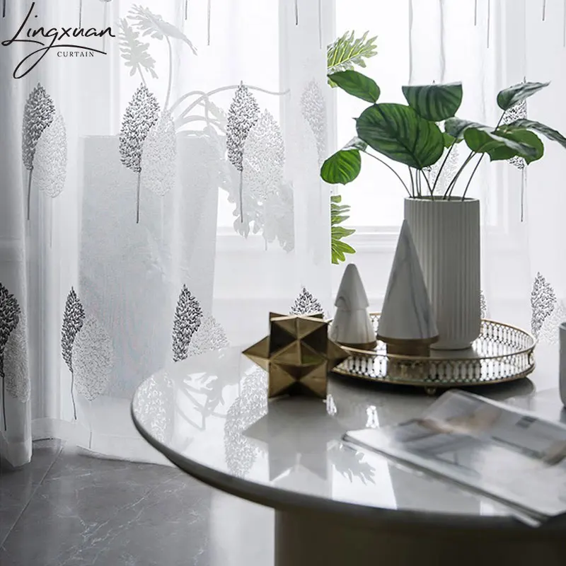 Modern Leaf Tulle For Living Room Window Curtain For Bedroom Kitchen Embroidered Sheer Voile Curtain Drapes Custom Home Decor