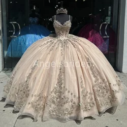 Angelsbride Champagne Glitter Tulle Sweetheart Vestido De 15 Quinceañera Spaghetti Straps Ball Gown Quinnceanera Dresses