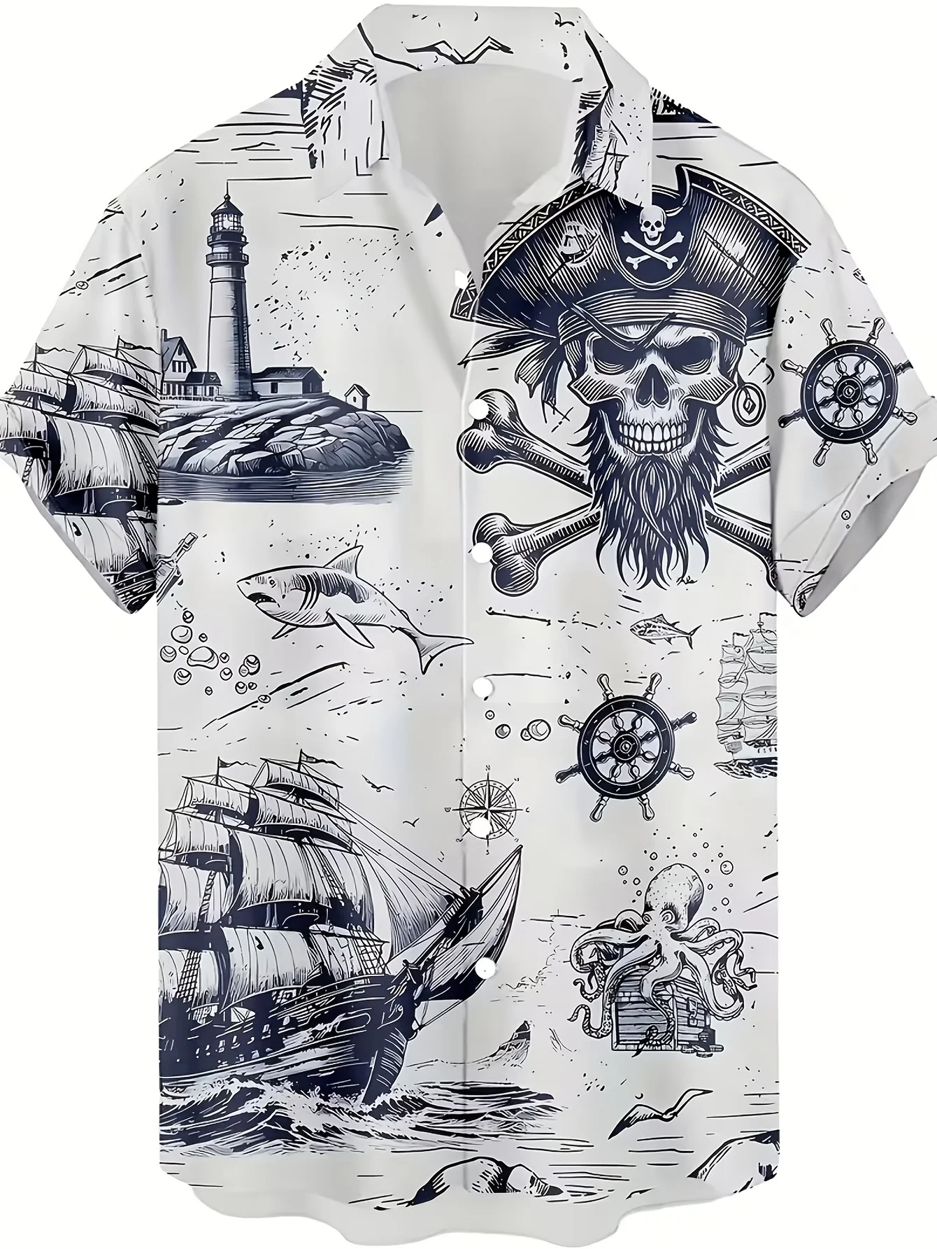 

2026 Summer New Style Men's Short-Sleeved Shirt - 3D Pirate Print - Casual Fashionable Comfortable Soft Breathable