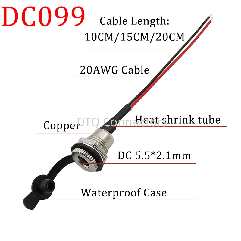 2/5 Pcs 5.5*2.1mm DC099 DC Power Jack Cord Socket Threaded Female Mount Connector with 20AWG Wires+Waterproof Cover Cap Adapter
