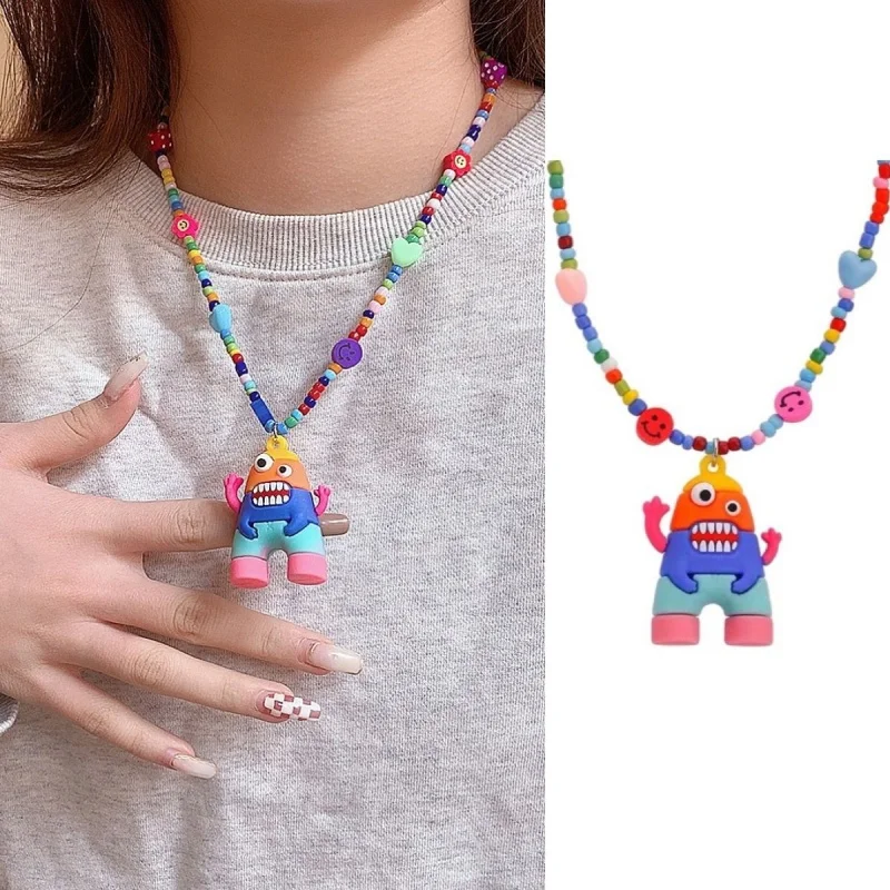 Design Cartoon Monster Pendant Necklace for Women 2022 New Ins Niche Hip Hop Colorful Sweater Clavicle Chain