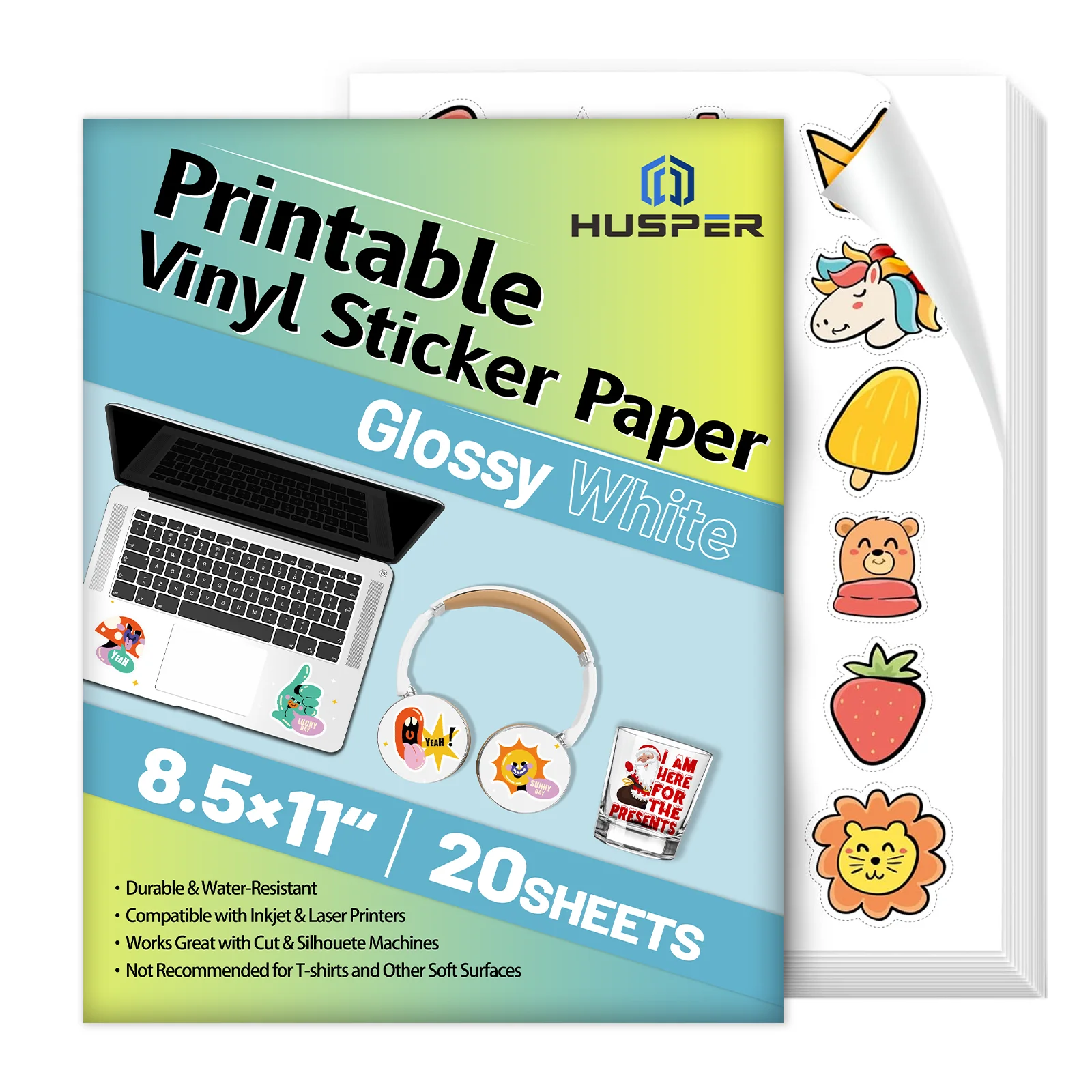 20 Sheets 8.5×11 Inch Glossy White Printable Vinyl Sticker Paper, Glossy Paper for Inkjet Printing, Tear-Resistant & Waterproof