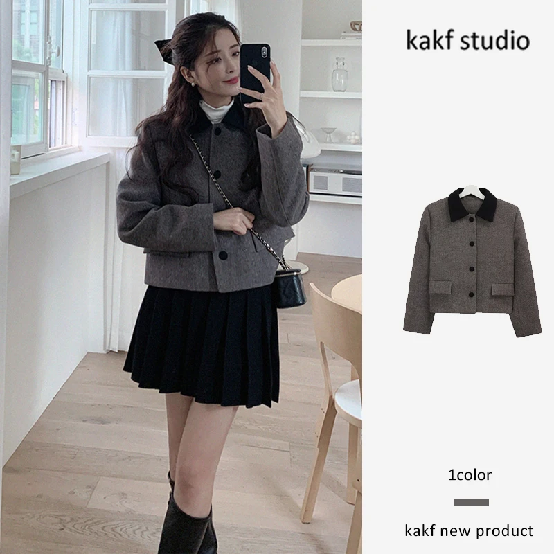 

Korean Sle Chic ort Woolen Coat with Collar Long Sve Women's Faion Autumn Winter Vintage High-End Feeling Top