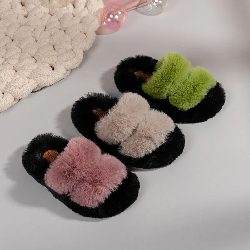 

2025 Winter New Girls Warm Shoes with Sweet Plush Shoes Open Toes Chic Kids Slippers Comfort Children Casual Slippers Open Toes