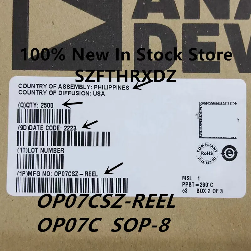 100% NEW ORIGINAL OP07CSZ-REEL SOP-8 OP07C SOP8 Op Amp Single Low Offset Voltage Amplifier ±18V 8-Pin