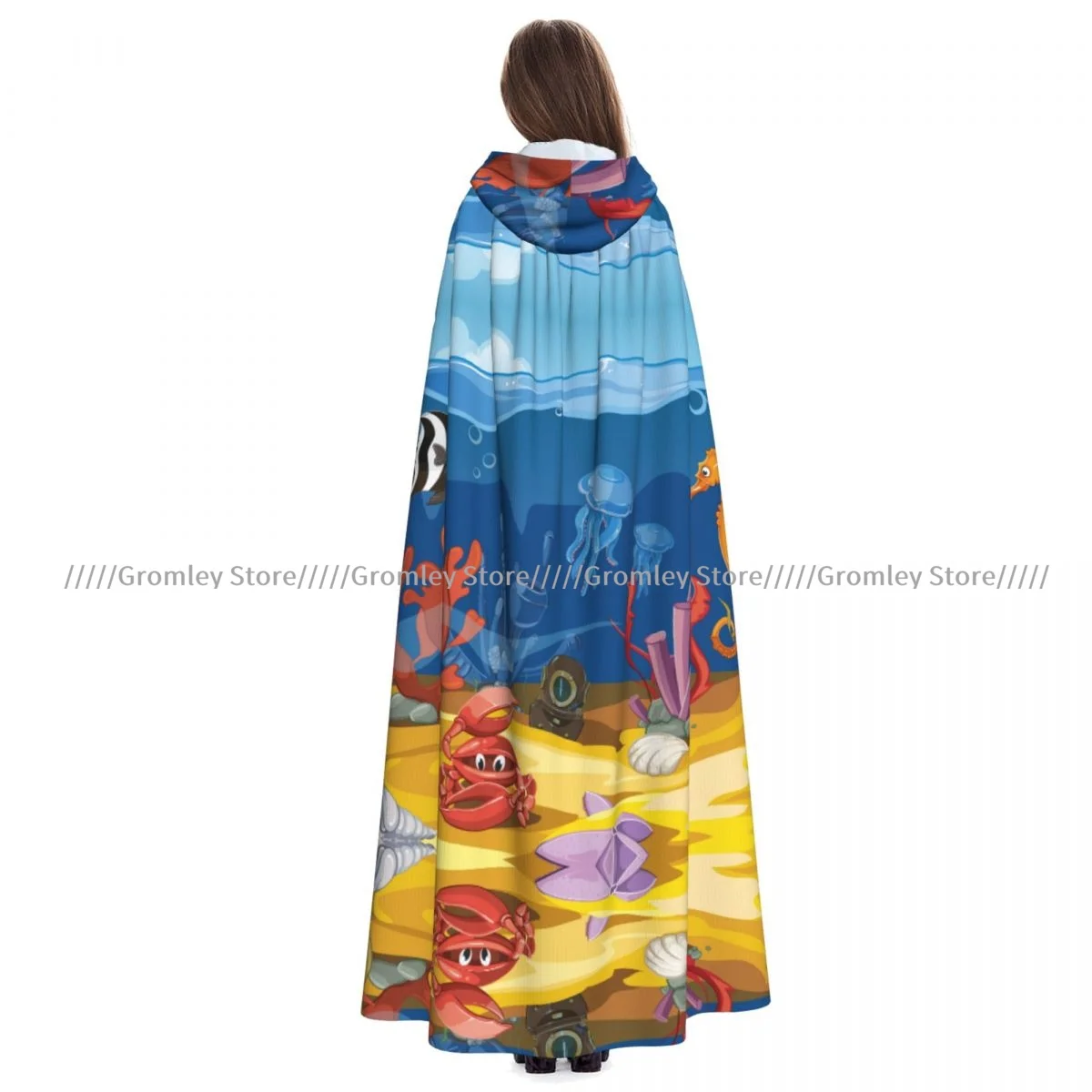 Unisex Halloween Cloak Underwater Landscape Cartoon Ocean Sea Fish Coral Cape Hooded Medieval Costume Witch Wicca Vampire