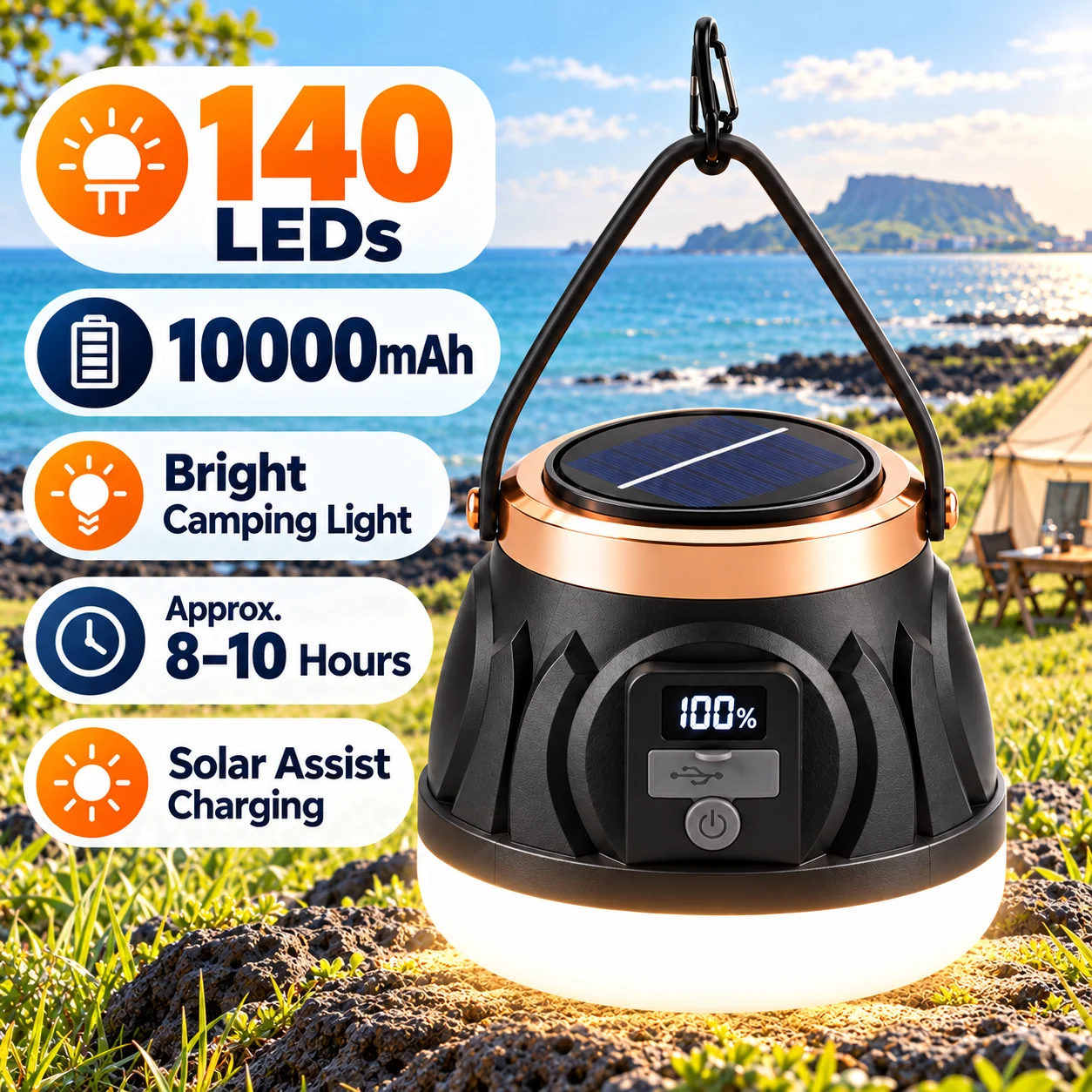 Solar Assist Camping Lantern Rechargeable LED Tent Light 3 Modes 5000-10000mAh Digital Display USB Emergency Output Hanging Lamp
