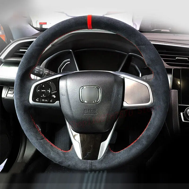 

DIY Hand-stitched Anti-Slip Black Suede Steering Wheel Cover Wrap for Honda Civic 10th Jade CRV Car Interior Accessories