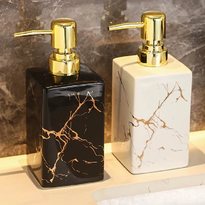 Square Emulsion Bottle Black and White Marble Ceramic Press Bottle Shower Gel Shampoo Bottle Bathroom Decorative Soap Dispenser