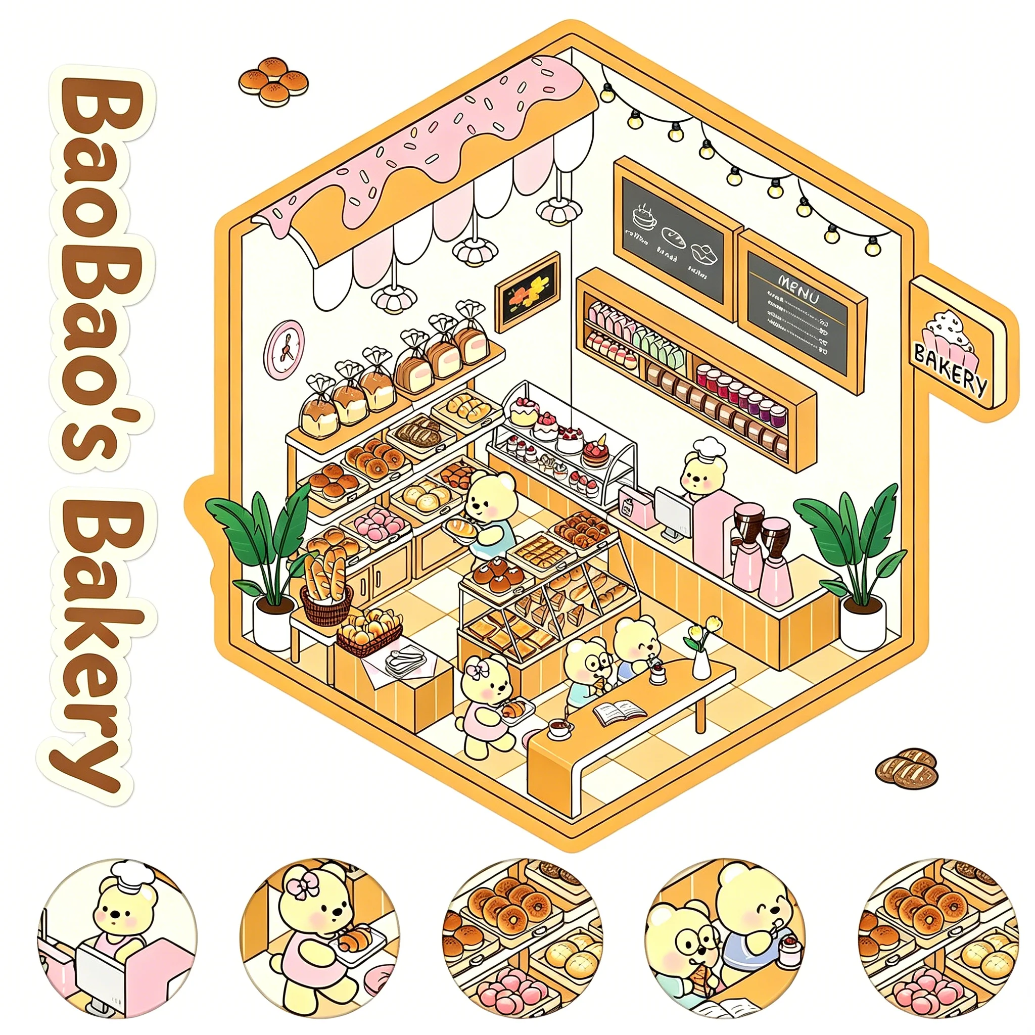 Kawaii Bear Bakery 3D Diorama Stickers, Micro World DIY Decals for Journal, Laptop, Cute Aesthetic Gift