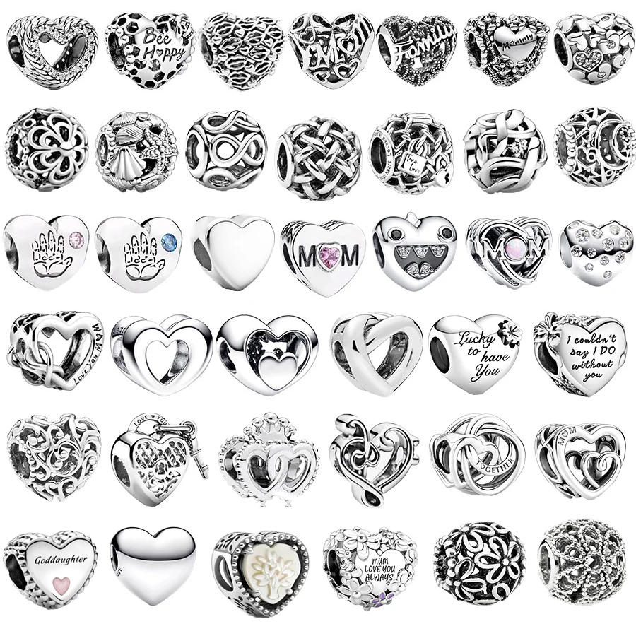 

Аутентичные посеребренные переплетенные бесконечные сердца, бриллиантовое сердце и мама, подвесные бусины в форме сердца ромашки, подходят для оригинального браслета «сделай сам», ювелирные изделия
