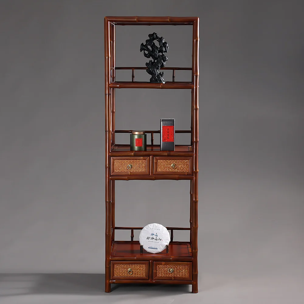 Chinese retro red bamboo shelf bookcase, tea room space tea ceremony utensils display cabinet