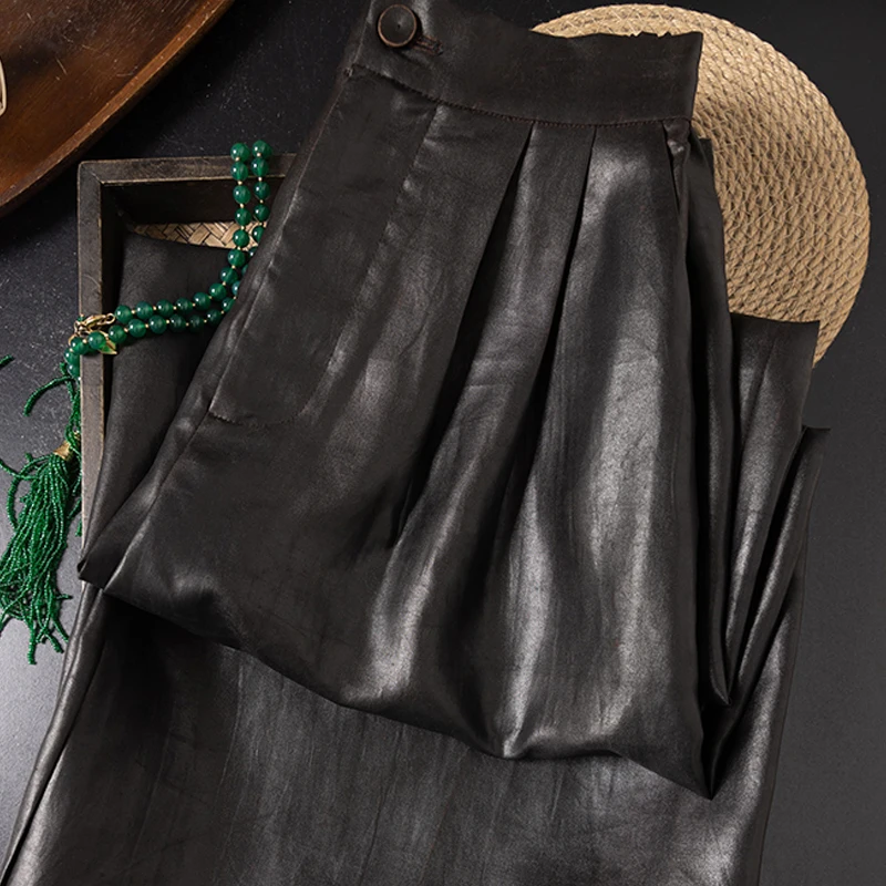 

Oil Shiny Drooping Black 100% Natural Mulberry Silk Gambiered Guangdong Gauze New Chinese Style Women's Fashionable Casual Pants