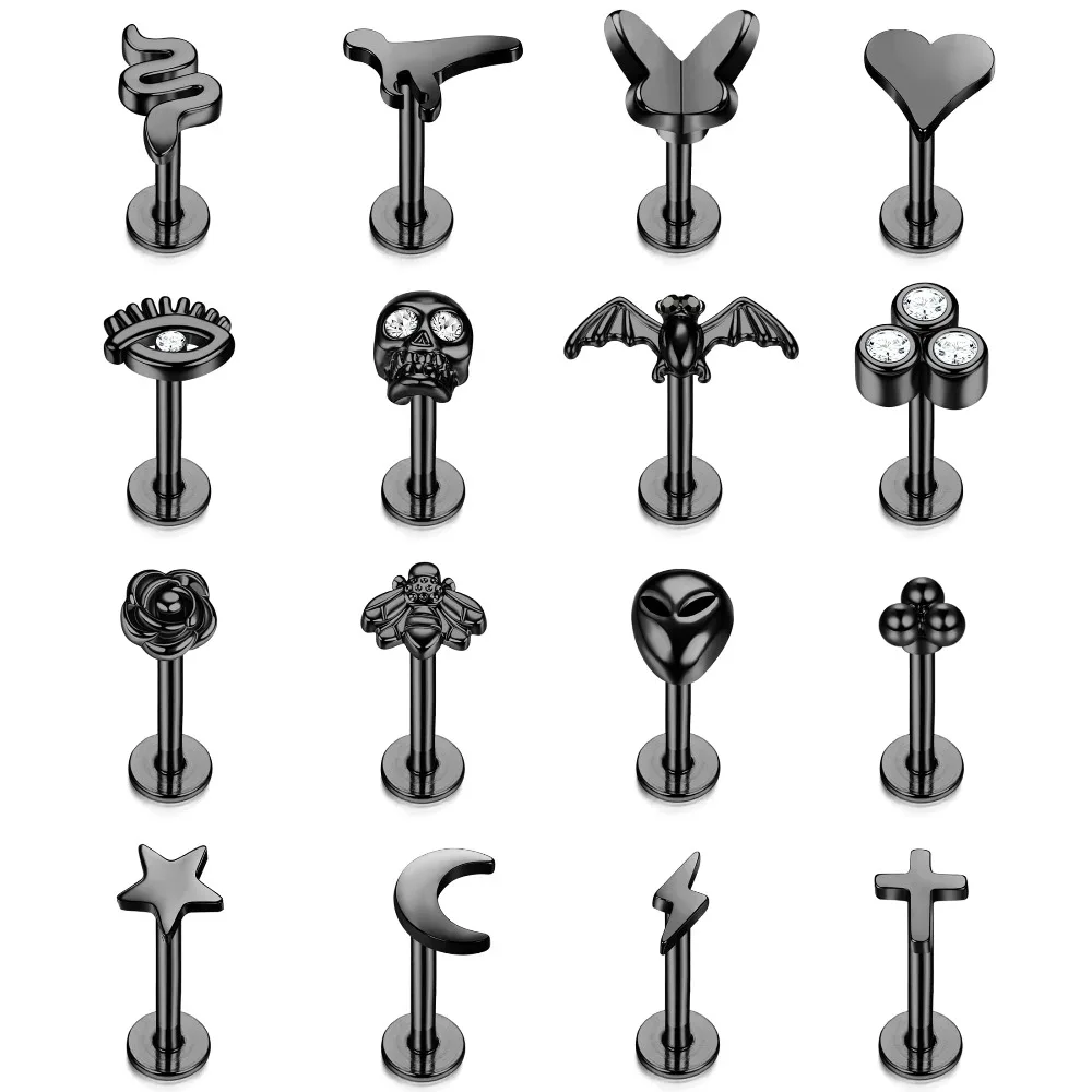 

Bobisty 16Pcs Stainless Steel Tragus Piercing Jewelry for Women Men 16G Goth Helix Stud Lip Ring Nose Stud Set Halloween