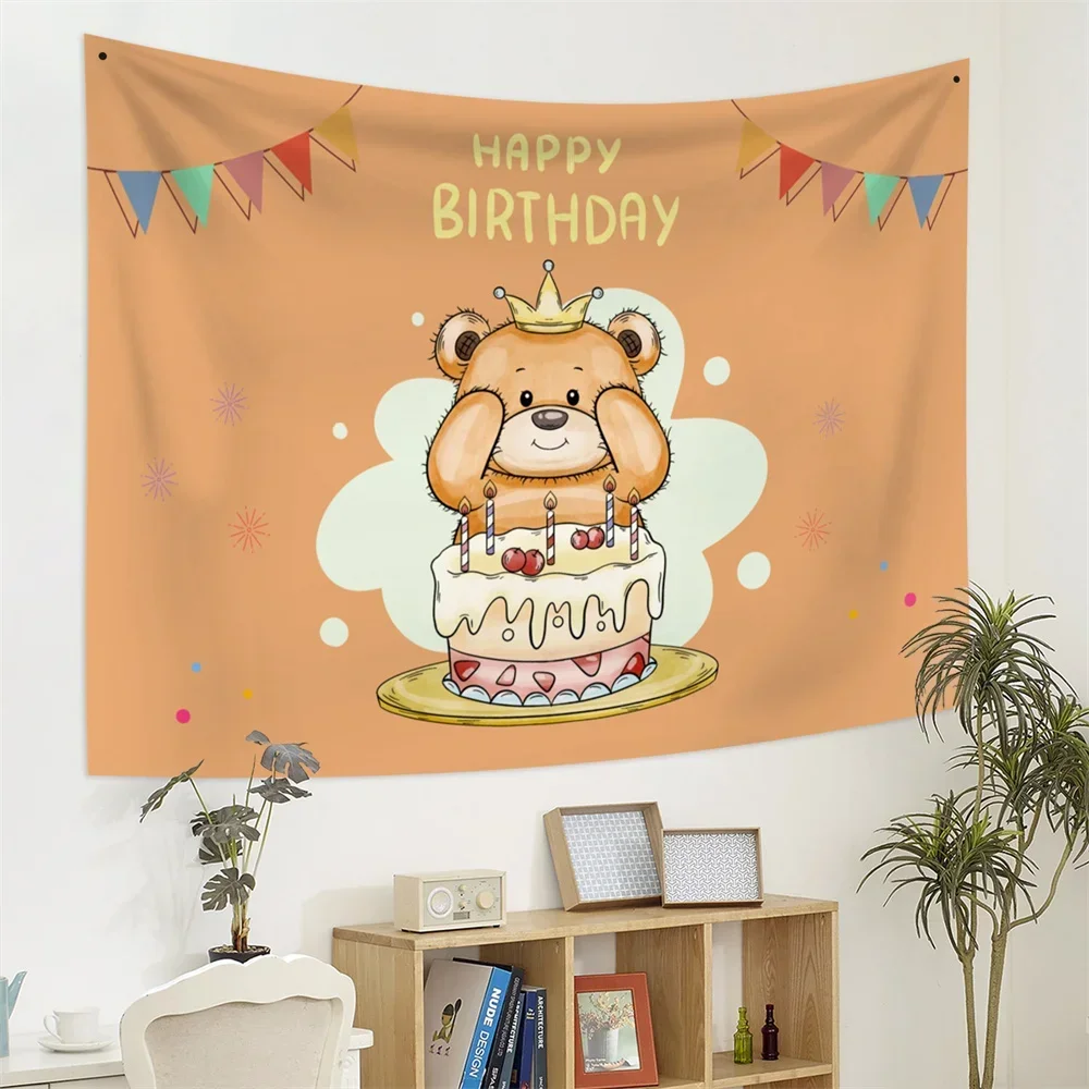 Birthday Background Tapestry Wall Hanging White Letters Cartoon Bear Tapestries Kids Room Decor Party Decoration