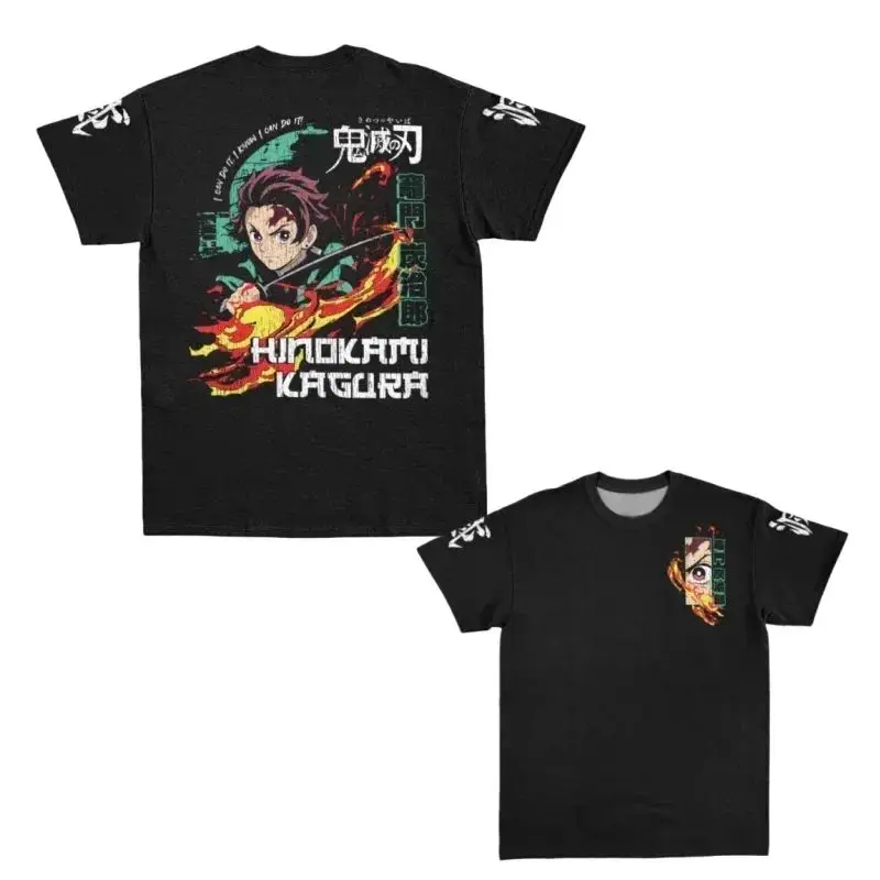 

2026 New Bandai Japanese Anime Demon Slayer Tanjiro Kamado Hinokami Kagura Vintage T-shirt Black Anime Streetwear