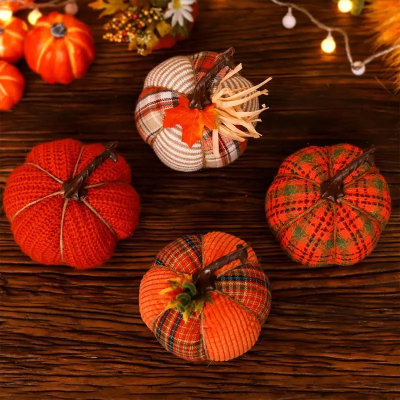 Halloween 13x13x13cm Plaid Cloth Fabric Artificial Pumpkins DIY Craft Halloween Home Party Decoration Props Farmhouse Harves