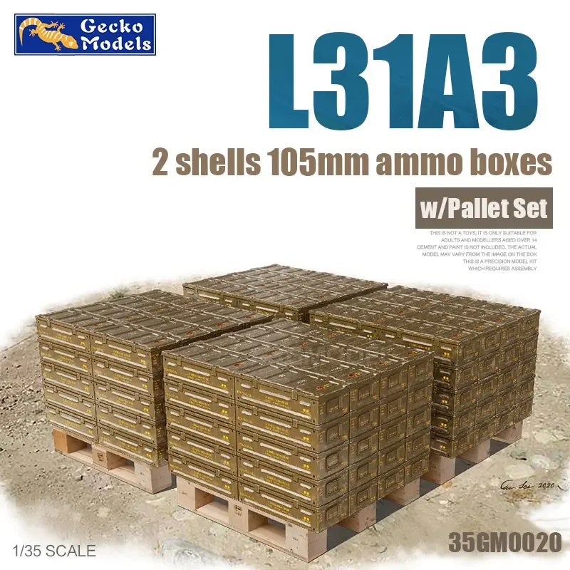 

Gecko model 1/35 assembly model 35GM0020 British L31A3 2 shells 105mm ammo boxes w/Pallet Set-Scale Model Kit
