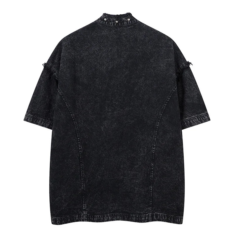 Rivets Deconstruction Splitting Old Short Sleeve Men's Loose Design Denim Shirt Men's