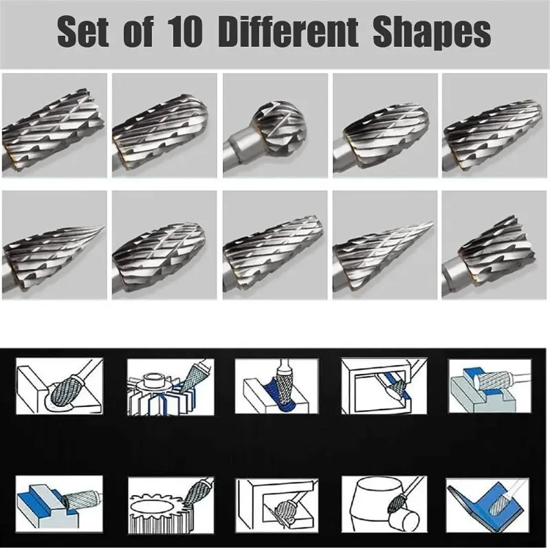 10Pcs Tungsten Carbide Rotary Burr Set Double Stripe Grinding Bits for Wood Metal Plastic Carving Polishing Jewelry DIY Tools