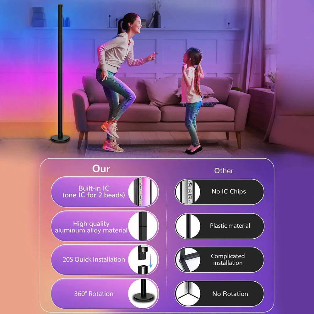 Smart RGB Floor Lamp Bar 120cm APP Remote Control USB Colorful LED Floor Lamp with Music Sync Modern Corner Atmosphere Light