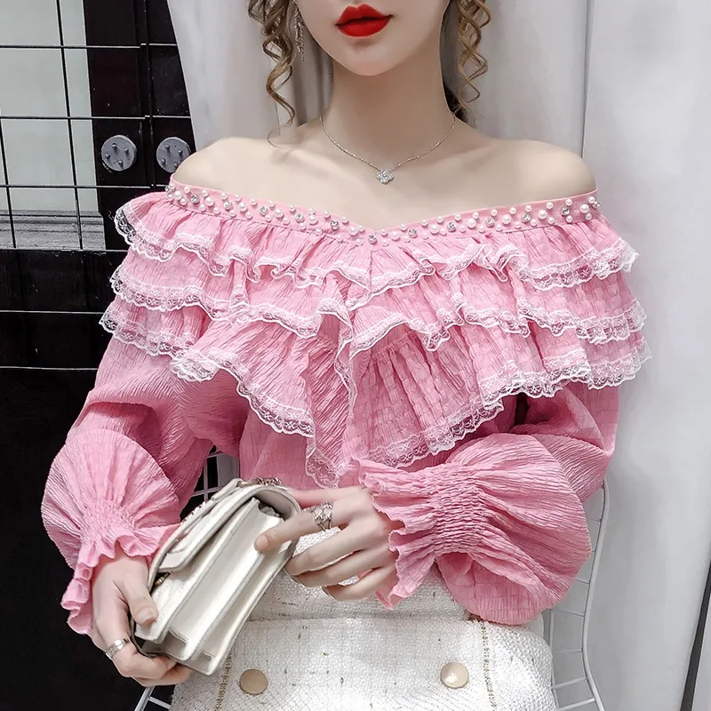 Tierred Lace Splice Pearl Beading Shirts Women Off Shoulder Pink Tops V Back Party Dinner Formal Banquet Blouse Lady Office Wear