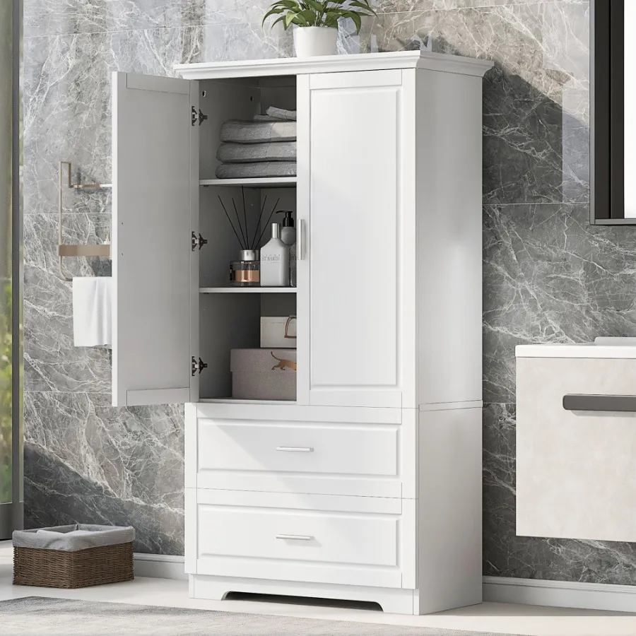 

Tall Bathroom Storage Cabinet Cabinet with Two Doors and Drawers Adjustable Shelf MDF Board White Old Sku:WF310828AAK
