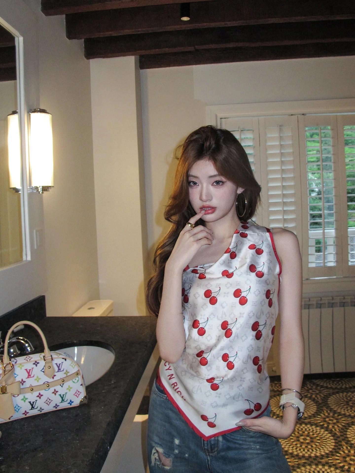 

Шелковый шарф с вишневым принтом, жилет, женский летний пикантный топ без рукавов, тонкий повседневный костюм из полиэфирного волокна