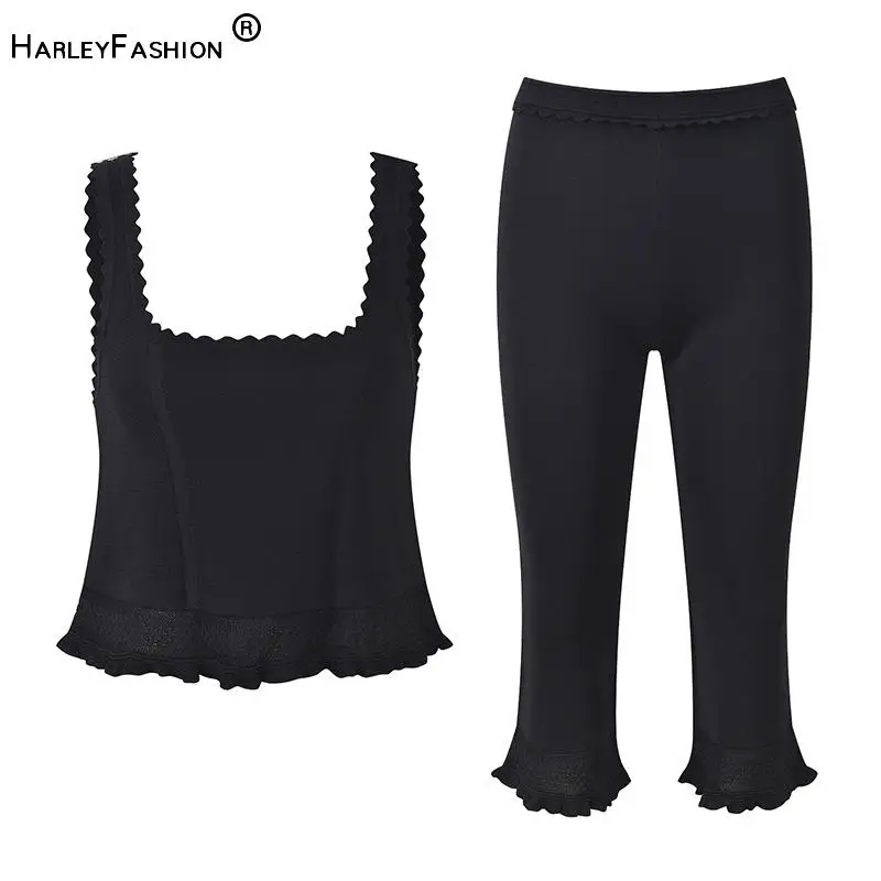 

Lady 2025 Summer Stylish Designed Solid Suit Square Collar Tank Tops Three Quarters Pants Women Knit Slim Casual 2pcs