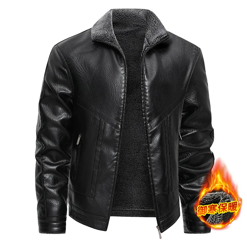 Winter Fleece Lined Faux Leather Jacket Warm Windproof Turn Collar Biker Coat Multi Zipper Pockets Casual PU Leather Outerwear