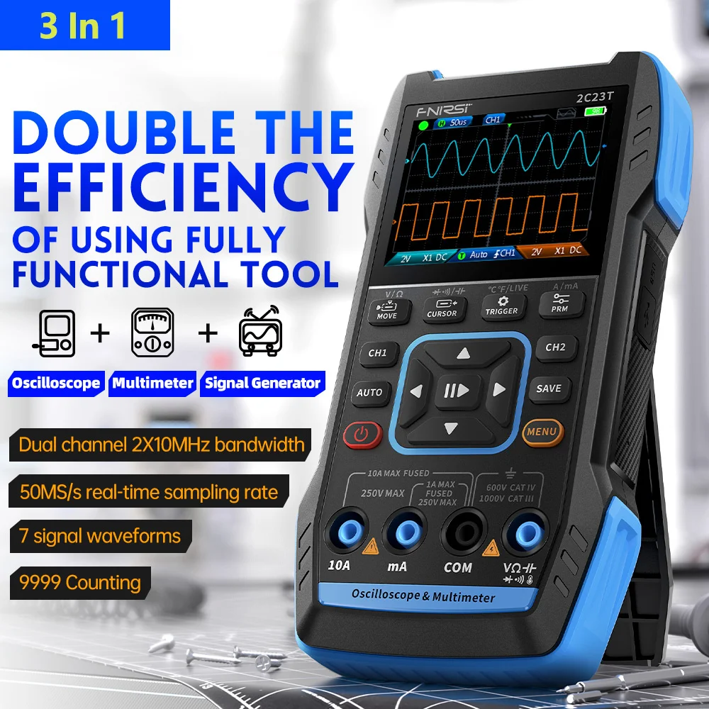 2C23T 3 in 1 Oscilloscope Multimeter Function Signal Generator Dual Channel 10Mhz 50MSa/s 9999 Count Smart Professional Tester