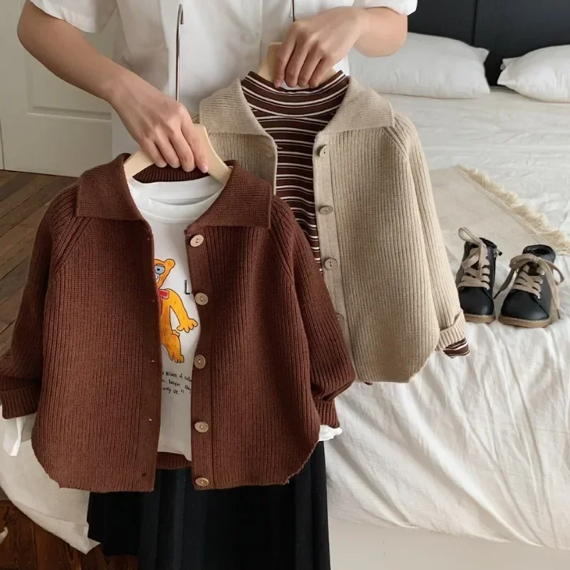 

Autumn Kids sweater Boys vintage solid color lapel collar cardigan Girls loose casual knit Coat