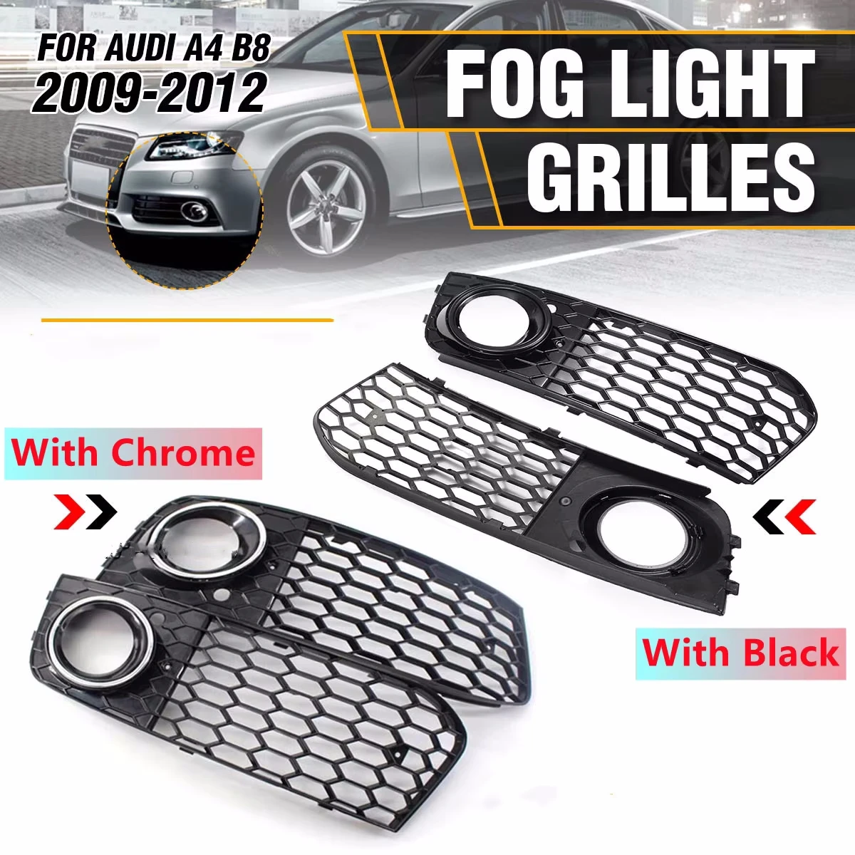 

1Pair Car Fog Light Grille For Audi A4 B8 Standard 2009-2012 Front Bumper Mesh Honeycomb Grille Fog Light Cover