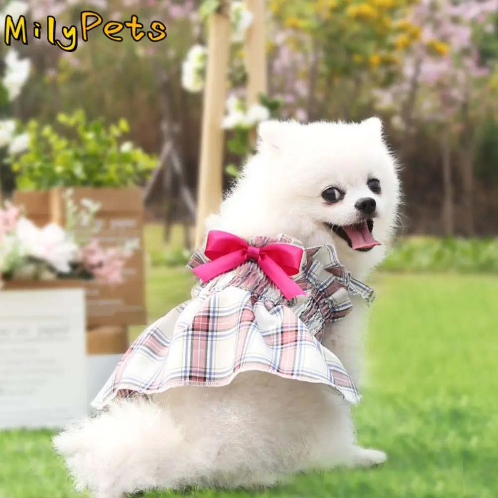 Chihuahua Big Bow Cat Dog Plaid Dress Flounce Skin-friendly Puppy Skirt Cute Colorful Pet Dress Birthday Party