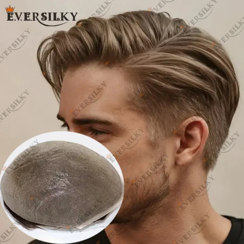 شعر مستعار بشري أسود ورمادي للرجال بعقدة مزدوجة 0.02 ملم جلد رقيق كامل البشرة PU # 410 # 420 شعر مستعار صناعي باللون الرمادي والبني