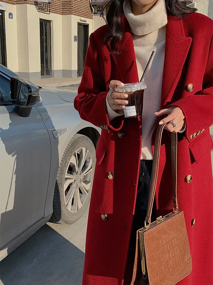 2023 New Year Red Hand Sewn Double Sided Wool Coat Women's Classic Double Breasted Temperament Loose Wool Coat